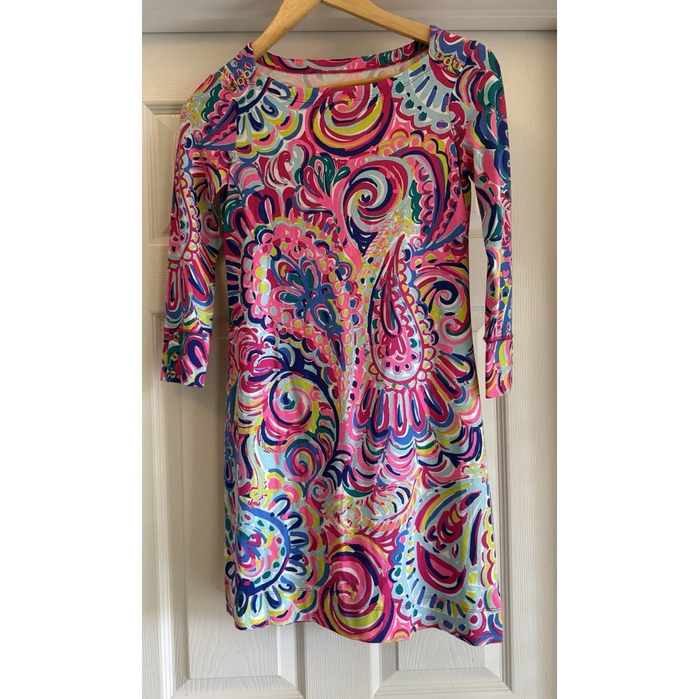 Lilly Pulitzer Shift Dress Womens S Pink Blue Paisley 3/4 Sleeve Button Shoulder